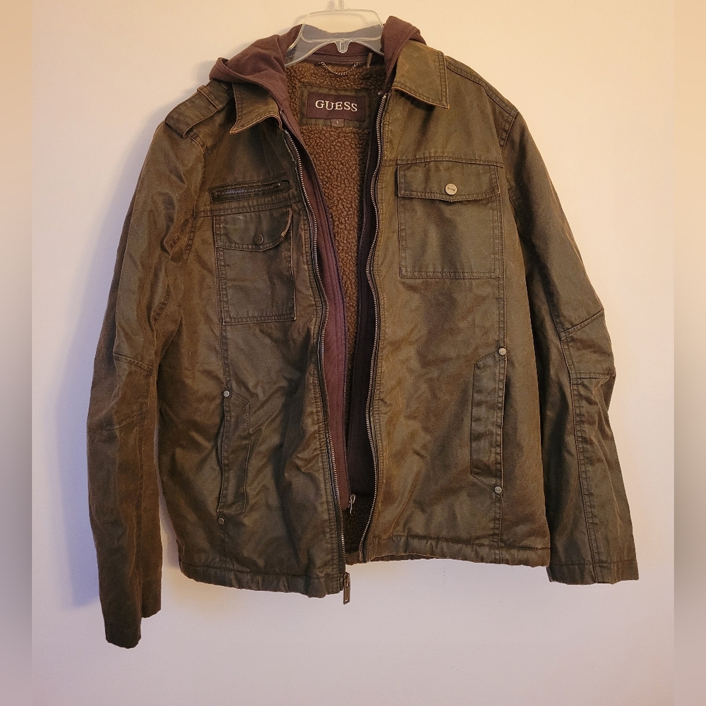 Mens L Guess Brown Vegan Leather Bomber Jacket, Sherpa Lined, Detachable Hood